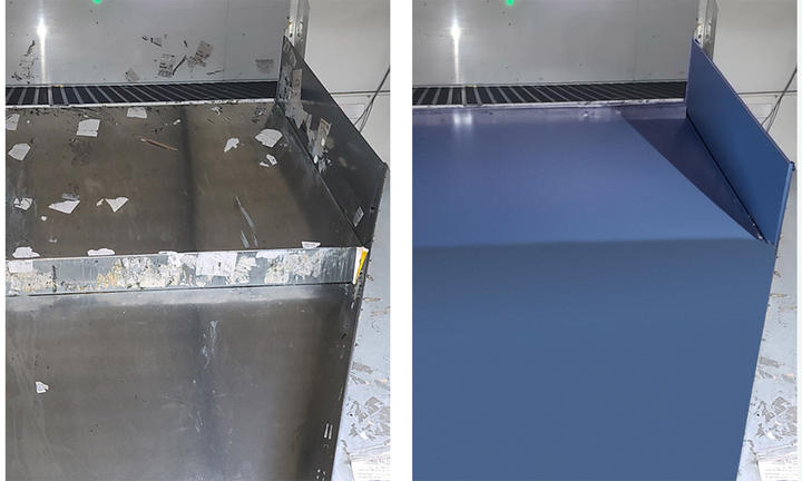 On the left: Conventional Metal Chute. On the right: SlideGlide Chute Liner.