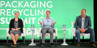 (From l. to r.) Megan Moore of NAPCOR, Zach Muscato of Plastic Ingenuity, and Jeff Snyder of Rumpke explained the challenges related to thermoform recycling.