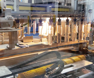 Preforms first travel into a five-cavity SIPA linear SFL blow mold machine, where they’re blown at a rate of 83 bottles/min.