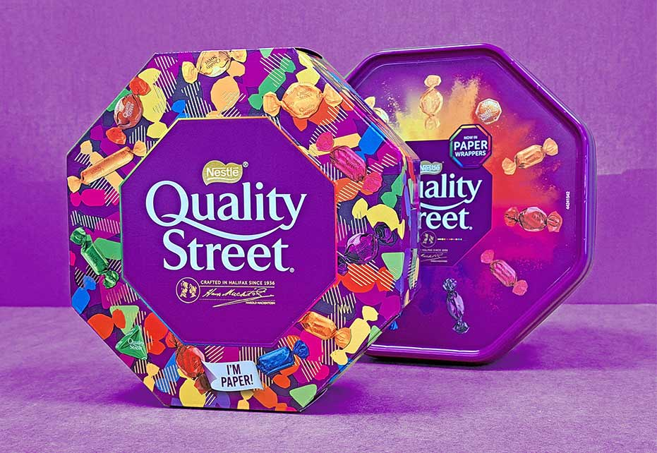 The paper carton for Quality Street enables more boxes to fit on a pallet and is said to have the potential to reduce CO2 emissions significantly. Image courtesy of Smurfit Westrock.