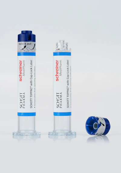 The Cap-Lock Label from Schreiner MediPharm wraps around the syringe and cap, and irreversibly indicates first opening.