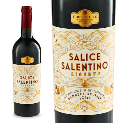 Label graphics for Co-op’s Irresistible Salice Salentino wine draw on classic Italian stonework, while modern typography and a red and gold color scheme evoke both the region’s history and the wine’s premium provenance. Photo courtesy of Equator Design