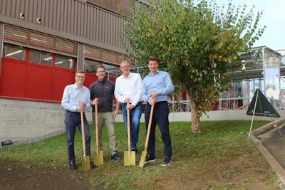 Breaking ground on the expansion, from left: Keith Melton, Sales Manager Battery Industry, Marco Hadrys, Test Center Manager, Manfred Bossart, Facility Manager, Michael Reinhard, General Manager.