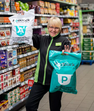 Customers can return used pods to over 600 Asda stores by filling provided Podback bags.