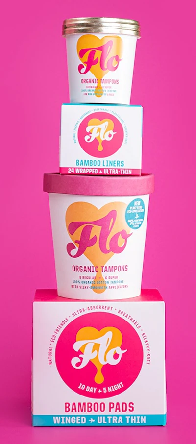 Says Allen Augustin, “Even though most of our sales are in period pads and liners, which are sold in a box, our retail partners call our tampon tubs ‘trolley magnets.’” Image courtesy of Here We Flo.