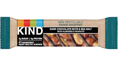 Kind Dark Chocolate, Nuts, & Sea Salt with Almonds & Peanuts, its more popular variety, now carries 'New Recyclable Paper Wrapper' on its label.
