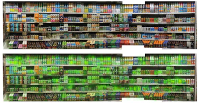 The study took place at Ray’s Wine & Spirits in Wauwatosa, Wis., where participants shopped for craft beer. Four-hundred seventy four different products from 124 craft beer brands were tested. Participants wore eye tracking tech to measure which designs grabbed attention, and which didn’t. Above (top) is one of two beer walls. A heat map (bottom) shows which products shoppers’ eyes lingered on.