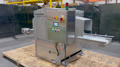 The Stainless Steel Box Crusher comes in two models, one with a powered feed and exit, and another that's unpowered.