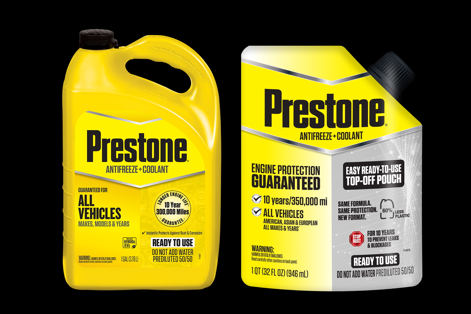 Prestone&rsquo;s legacy 1-gallon HDPE jug (left) remains in the market for full flush-and-fill use cases, while a new 1-quart flexible pouch (right) enters the lineup to address top-off needs. The pouch, which uses 60% less plastic, is designed to be self-standing without secondary packaging and features a child-resistant spout.