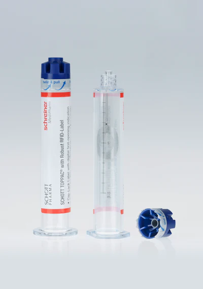 The Cap-Lock Label from Schreiner MediPharm wraps around the syringe and cap, irreversibly indicates first opening, and offers digital first-opening indication through an integrated RFID chip.