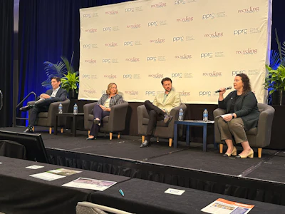 (from lef) panelist Jeff Fielkow, CEO, Circular Action Alliance (CAA); panelist Lynn Dyer, Executive Director, AMERIPEN; panelist Scott Byrne, Vice President, Global Sustainability, Office of Legal and Compliance, Sonoco; and moderator Shannon Crawford Gay, Director of Recycling & Environmental Policy, WM [Waste Management].