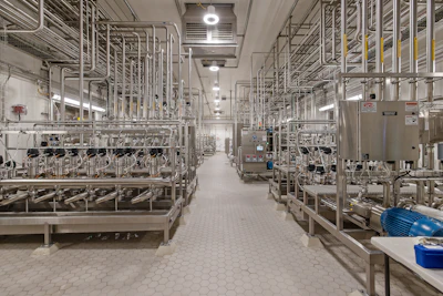 The fluid processing lines utilize double-seat valves with integrated control tops, allowing simultaneous product flow and cleaning in adjacent lines without cross-contamination risk.