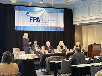 (from left) Kyla Fisher of the Flexible Packaging Association (FPA), Neil Menezes of the Circular Action Alliance (CAA), Danielle Easdale of The Recycling Partnership (TRP), Anne Johnson of the newly introduced U.S. Flexible Film Initiative (USFFI-- and also Resource Recycling Systems, or RRS as her 'day job'), and Susan Robinson, formerly of WM, now consulting.