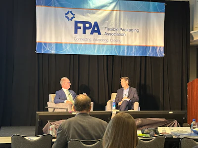 Dan Felton (left) of FPA asks Jeff Fielkow of CAA how converters and flexible packaging suppliers can be better partners to their brand customers in the face of emerging EPR laws.