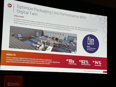 A canned beverage manufacturer used a digital twin of its case and tray packing line to diagnose a persistent &ldquo;yo-yo effect&rdquo; fault. By testing virtually instead of on the live line, the team accelerated troubleshooting 10&times;, reduced downtime by 52%, and improved OEE by 14%.
