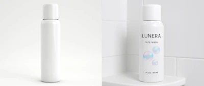 From plain pack stock image (left) to a (hypothetical) branded prototype, shown in context on a shower shelf (right), AI artwork and context images now take minutes, not weeks.