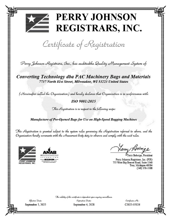 Pac Machinery Bags And Materials Earned Iso 9001 Certification