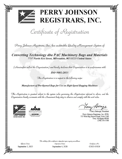 Pac Machinery Bags And Materials Earned Iso 9001 Certification