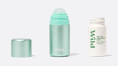 Wild’s new refillable roll-on deodorant pairs a sleek, reusable aluminum case with a compostable, bio-based refill.
