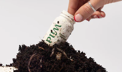 The 50-mL refill package is made from PHA, a bioplastic resin made from waste biomass. The home-compostable material breaks down in the soil within a year.