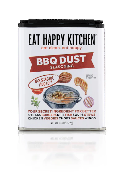 Eat Happy Kitchen “BBQ Dust” (front): Clean-label brand Eat Happy Kitchen debuts a vintage-inspired printed tin package for its BBQ Dust seasoning, designed to pop on shelf and look at home on the countertop.