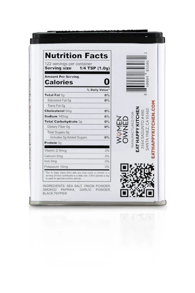 Eat Happy Kitchen “BBQ Dust” (back): Rear panel of the new tin pack highlights nutrition facts, brand details, and a QR code—pairing retro aesthetics with modern connectivity.