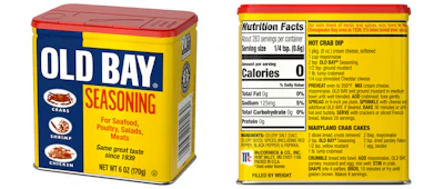 Old Bay Seasoning in tin: McCormick&rsquo;s Old Bay returns to its classic printed tin canister&mdash;iconic blue-and-yellow graphics with a red lid&mdash;shown here with front panel and back label (nutrition facts/recipes).