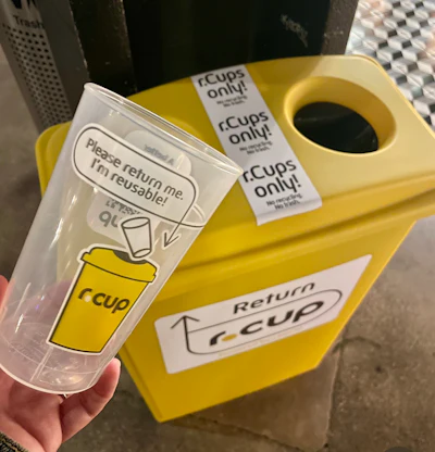 Included in r.World’s turnkey service are the serveware and collection bins (pictured), on-site staff training and support, marketing materials, free deliveries and pickups, monthly environmental reports, the r.Turn app, and sanitization and quality control.