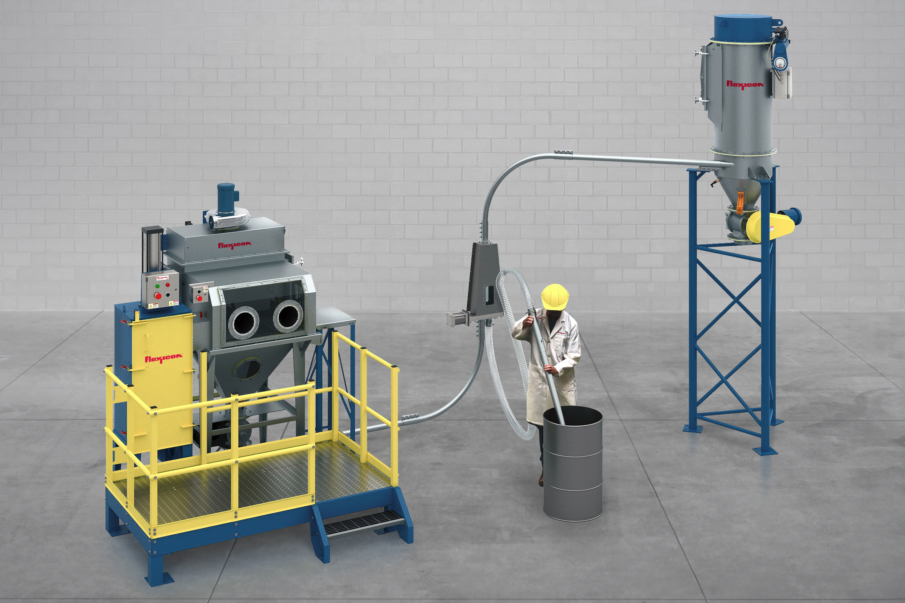 Flexicon PNEUMATI-CON dilute phase vacuum conveying system designed for unloading containers and bags.