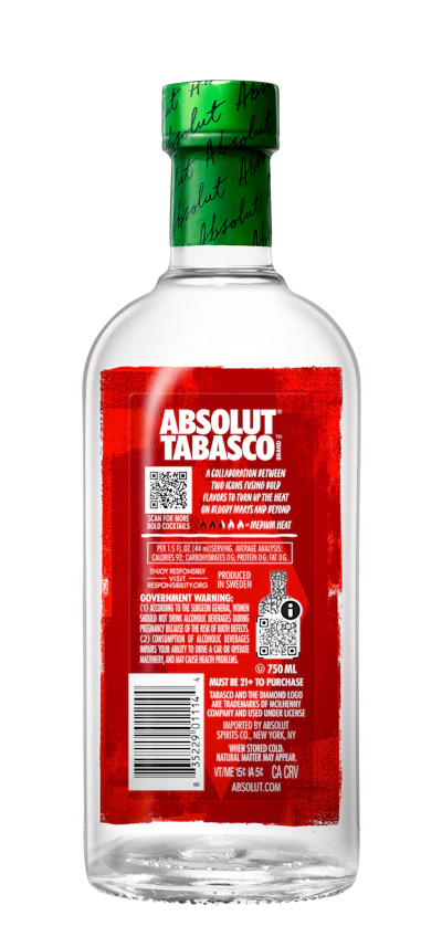A repeating Tabasco diamond pattern, screen printed on the back of the Absolut bottle in two shades of red, creates a magnification effect through the glass.
