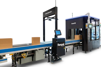 The Autofill system relies on machine vision, electric servomotors, and an integrated conveyor to handle the random box sizes commonly seen in e-commerce fulfillment.