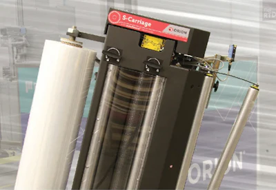 A close-up look at the S-Carriage Insta-Thread prestretch film carriage system.