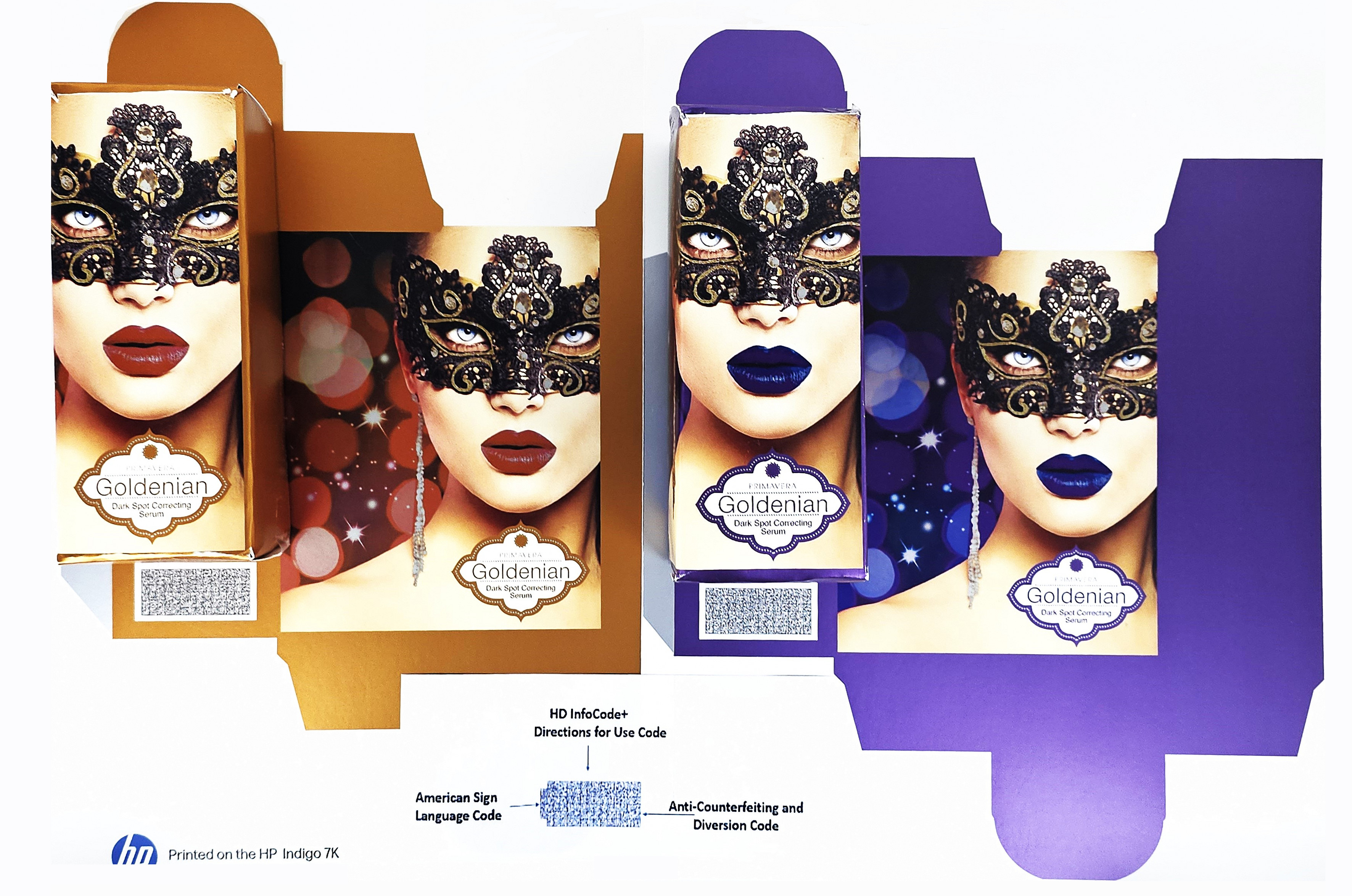 A sample HD InfoCode+ symbol printed on cartonboard illustrates the proprietary, high-density 2D format engineered to store complete instructions for use within the printed code itself.