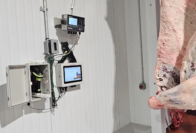 A VistaTrac TracBox computer at Bar-W's cold weight station automatically records carcass weights after time in a cooler.