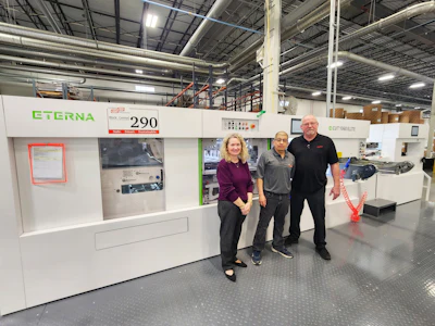 The Colbert crew: Lisa Glenn, Kenosha Operations Manager; Roberto Lopez, Die Cutter Operator; Barney McLin, Facilities and Die Cutting Manager.