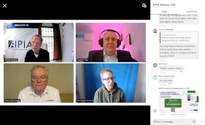 Panel Discussion: DPP Infrastructure - Managing Data Across the Product Lifecycle. Clockwise from top right: Eef de Ferrante, Member of the board, AIPIA; Stephen Tagg, Global Application Sales Manager Software, Markem Imaje; Dominique Guinard, DPP & 2D Consultant, Digimarc; Klaus Simonmeyer, Vice President, Strategic Accounts EMEA, Identiv.